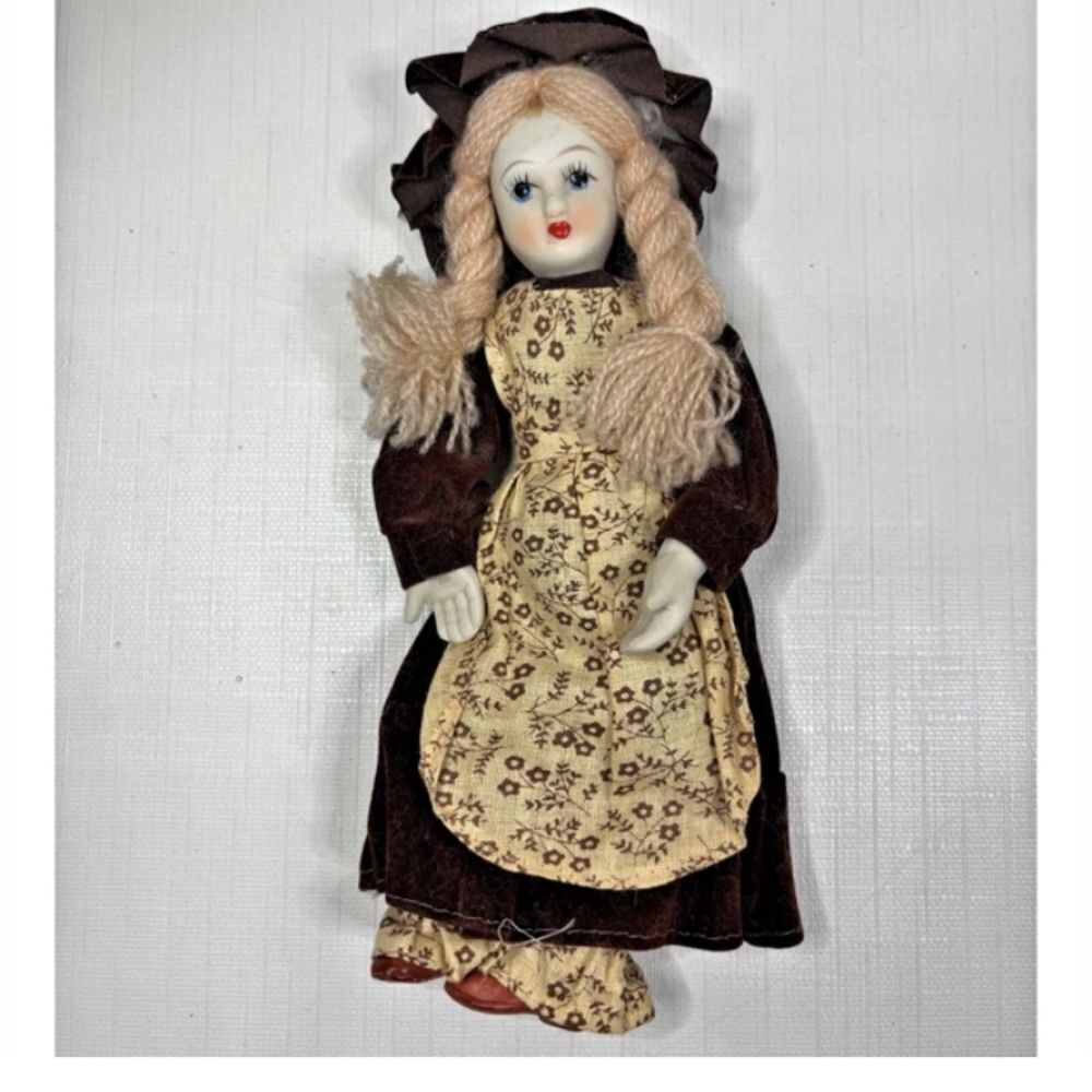 Vintage Chaina Handmade Hand Painted Doll with Brown Dress and Red Shops